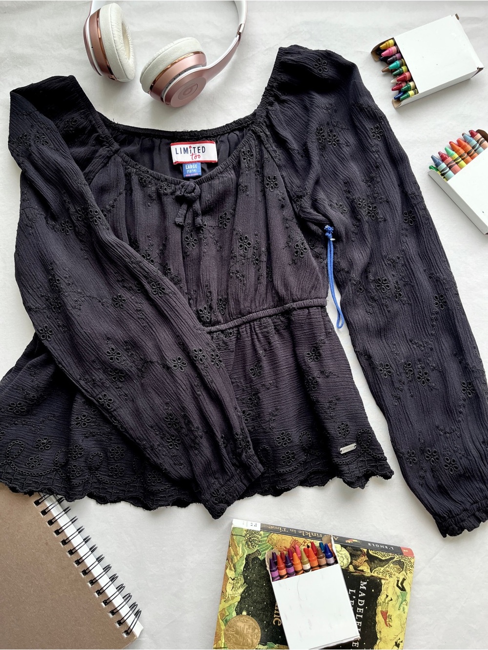 Y2K Limited Too Black Peasant Top Blouse Long Sleeves Girls Large Back-to-School